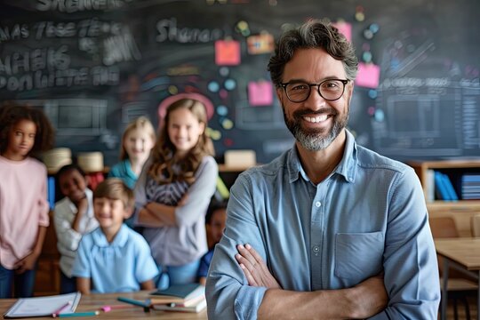 Teacher standing in classroom, smiling, diverse students in background, chalkboard and books, modern school environment , smiling male teacher with glasses and students in classroom