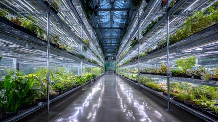 Indoor Plant Nursery Rows, Growing, Research,  Cultivation