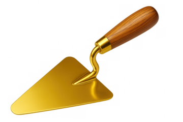 Golden trowel with wooden handle, gleaming against transparent backdrop, highlighting masonry and construction craftsmanship