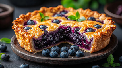 Freshly baked blueberry pie on a wooden plate, showcasing a golden crust and vibrant filling, garnished with mint leaves, perfect for dessert lovers and culinary enthusiasts