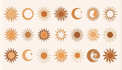 Collection of stylized sun and moon icons in warm tones