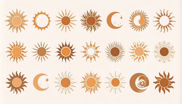 Collection of stylized sun and moon icons in warm tones