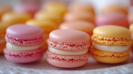 Obraz premium Colorful macarons in pastel shades of pink, orange, and yellow arranged beautifully on a decorative plate, showcasing delightful textures and appealing dessert presentation