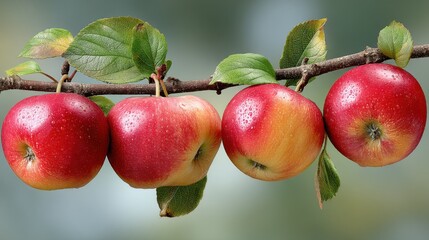 Red apples hanging on a branch with green leaves in natural outdoor setting