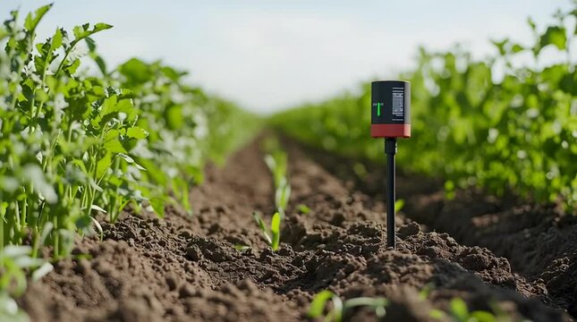 A close-up of soil with a moisture sensor among green plants in a farm field, highlighting modern agricultural technology.