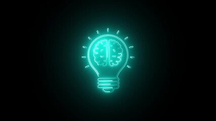 Animated Cyan Neon Light Bulb Brain Idea Concept On Black Background. Glowing Cyan neon light bulb icon animated on a black background. - Powered by Adobe