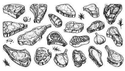 Hand-drawn illustrations of various steak cuts