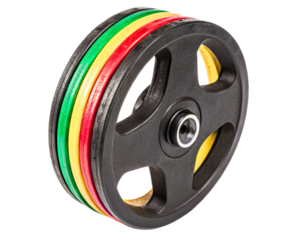 Stack of colorful rubber barbell plates for weightlifting on a transparent background