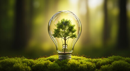 Nature's Ingenuity: Tree Seedling Encased in a Light Bulb Amidst Forest Moss