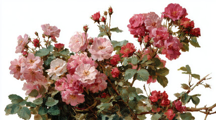 Pink garden flowers isolated on a white background. Vintage painting style illustration.