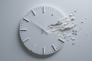 Broken clock indicating loss with ominous shadows cast over it, isolated, white background, copy space, A vibrant wall clock art piece bursting through a cracked wall.