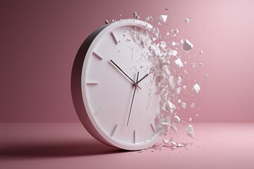 Broken clock indicating loss with ominous shadows cast over it, isolated, white background, copy space, A vibrant wall clock art piece bursting through a cracked wall.
