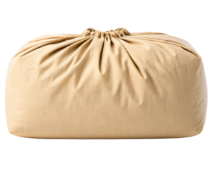 Large beige canvas laundry bag with a drawstring closure on a transparent background