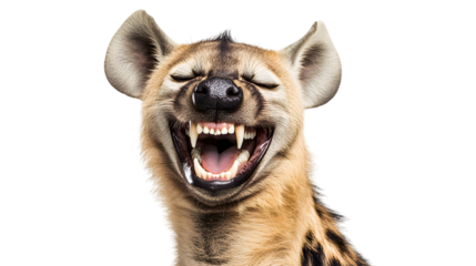 Laughing hyena portrait with open mouth displaying sharp teeth, wild animal expressing joy isolated on white background 