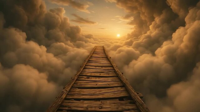 Wooden bridge leads into the golden sky surrounded by dramatic clouds in warm light - conceptual fantasy sky background for inspirational and motivational content