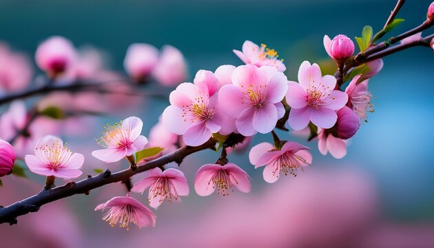 a detailed close up of a stunning plum tree branch showcasing vibrant pink flowers - Powered by Adobe