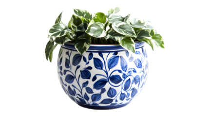 Elegant home decor featuring a vibrant pothos plant in a stylish blue and white ceramic planter isolated on white background 