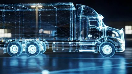 Digital wireframe of a semi-truck on a futuristic background - Powered by Adobe