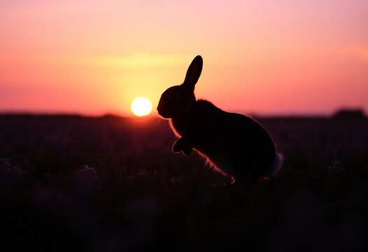 Silhouette of cute bunny hopping in purple sunset field, twilight, summer