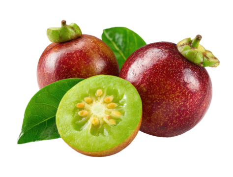 Close-up of three exotic fruits, two whole and one half, with vibrant red-purple skin and a bright green interior.  Leaves add visual appeal
