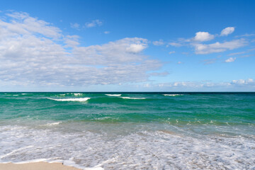 Sea horizon view. Cloudy sky and seascape at summer vacation. Skyscape with sea horizon. Calm horizon with sea nature. Romantic summer vacation at seascape. Sunset sea and seascape. Sky meet horizon