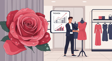 Fashion designer with rising graph of fashion industry and a beautiful rose picture