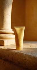 Golden cream tube on stone, sunlit