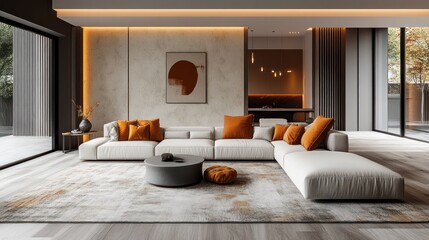 Modern living room with orange accents