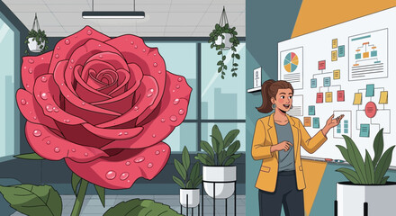 A vibrant pink rose with water droplets in a modern office presentation scene