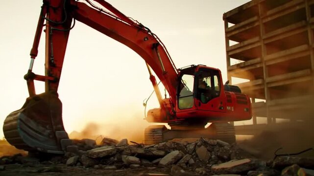 Excavator demolishing a building at a dusty construction site