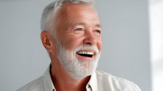 Elderly man with a joyful expression smiling indoors with bright light