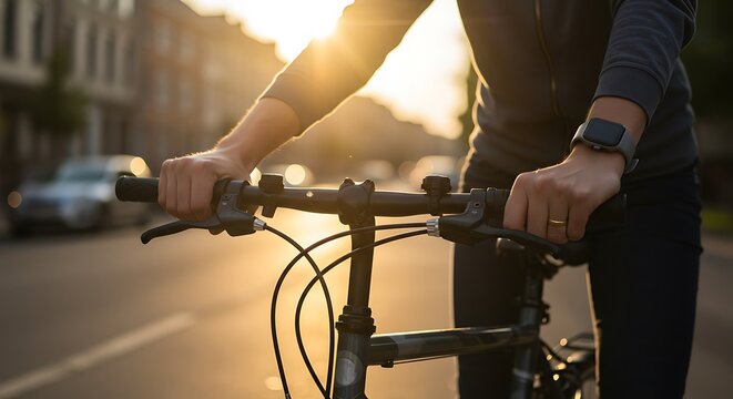 Cyclist's hands on handlebars with smartwatch, riding bicycle on urban street at golden hour. Active lifestyle commute.