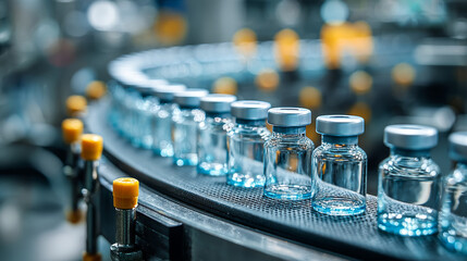 Drug manufacturing process.  Conveyor with medical ampoules line at a modern pharmaceutical plant. Pharmacology production, medicine industry from laboratory 2 factory, pharmacy. Healthcare, pharma 3D