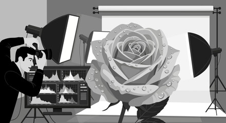 Photographer capturing a close-up of a rose in a studio setting with lighting equipment and a