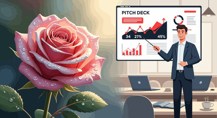 Conceptual juxtaposition of a blossoming rose and a business pitch presentation