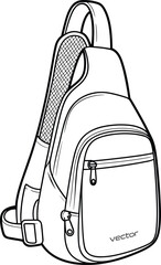 Cad drawing flat vector illustration of ergonomic sling backpack, lightweight travel bag with mesh strap, zipper closure, stylish outdoor design