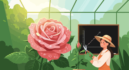 Illustration of a woman tending to a rose bush inside a greenhouse environment representing growth