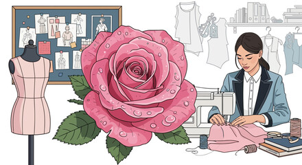 Illustration of a female fashion designer at work with a rose and dress form, illustrating design,