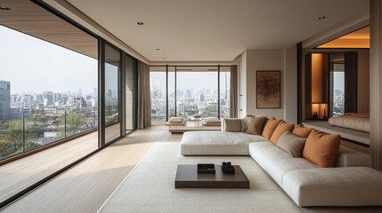 Fototapeta premium Modern minimalist living room with city views