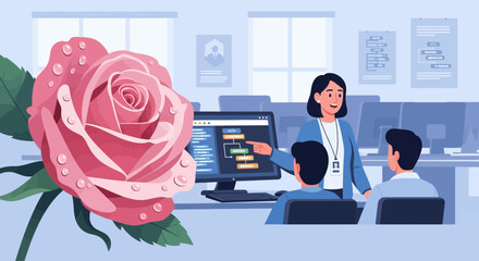 A juxtaposition of nature and technology: Rose meets software development meeting scene