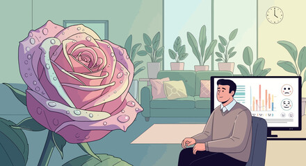 Illustration depicting a man in therapy with a large rose in the foreground set against a serene