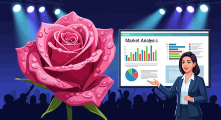 Market Analysis Presentation with Rose Accent on Stage Illustration concept