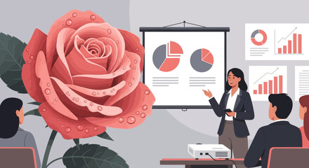 Businesswoman giving a presentation with statistics and a pink rose concept