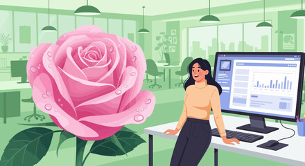 A young woman with a beautiful rose in a modern office setting vector illustration