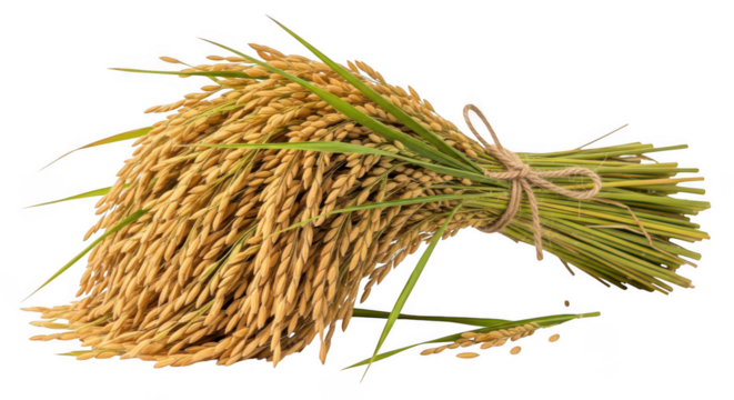 Bundle of ripe golden rice stalks tied together isolated on transparent background