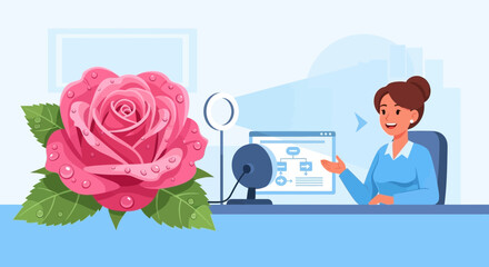 Elegant online meeting background with rose and professional woman presentation