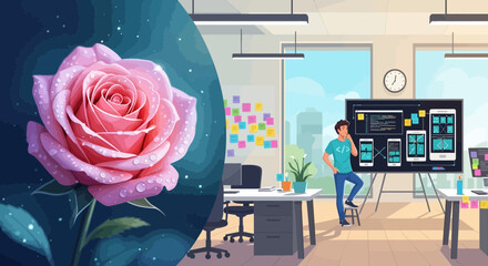 Juxtaposition of nature and technology: A pink rose and a developer in an office space