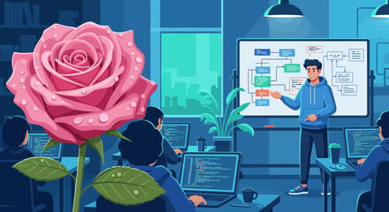 Rose's bloom amidst a tech class, symbolizing growth in a digital world and creative coding