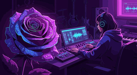 Purple Hues: A Musician's Nighttime Studio Session Amidst Cyberpunk Aesthetics
