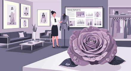 Fashion designer analyzing trends in her studio with a rose in the foreground